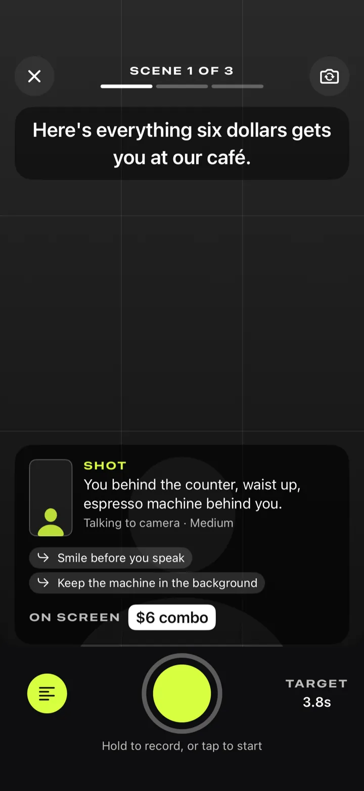 Guided recording, scene 1 of 3: the line to say on the teleprompter at the top, the shot described below, and a target length next to the record button.