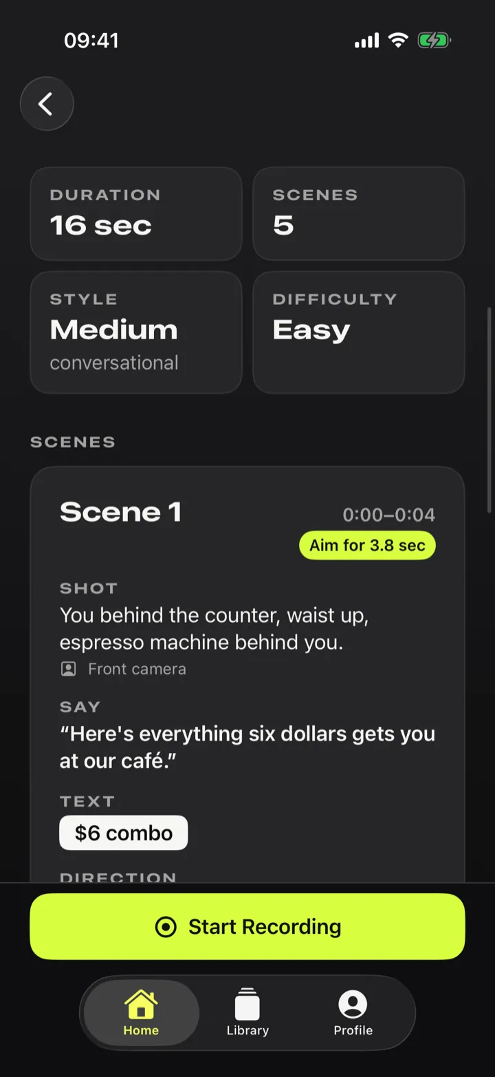 A scene in the plan: the shot to film, the line to say, the on-screen text and the target length.